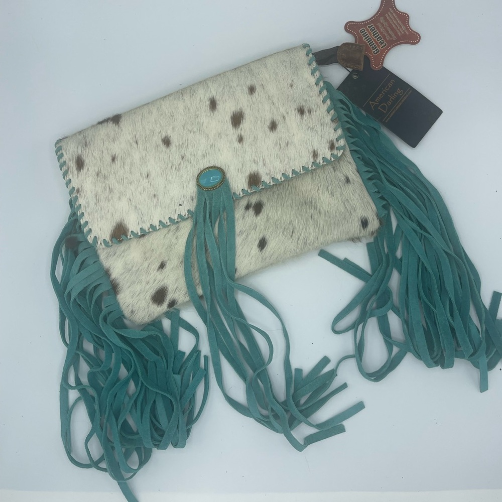 American Darling Spotted Cowhide Clutch with Turquoise Fringe